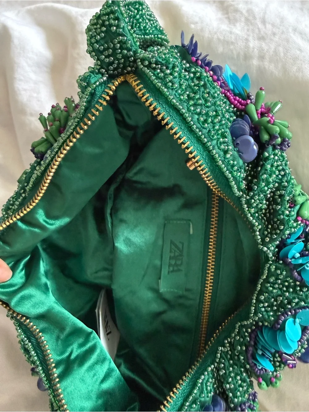Zara Green Beaded Clutch with Blue and Purple Embellishments